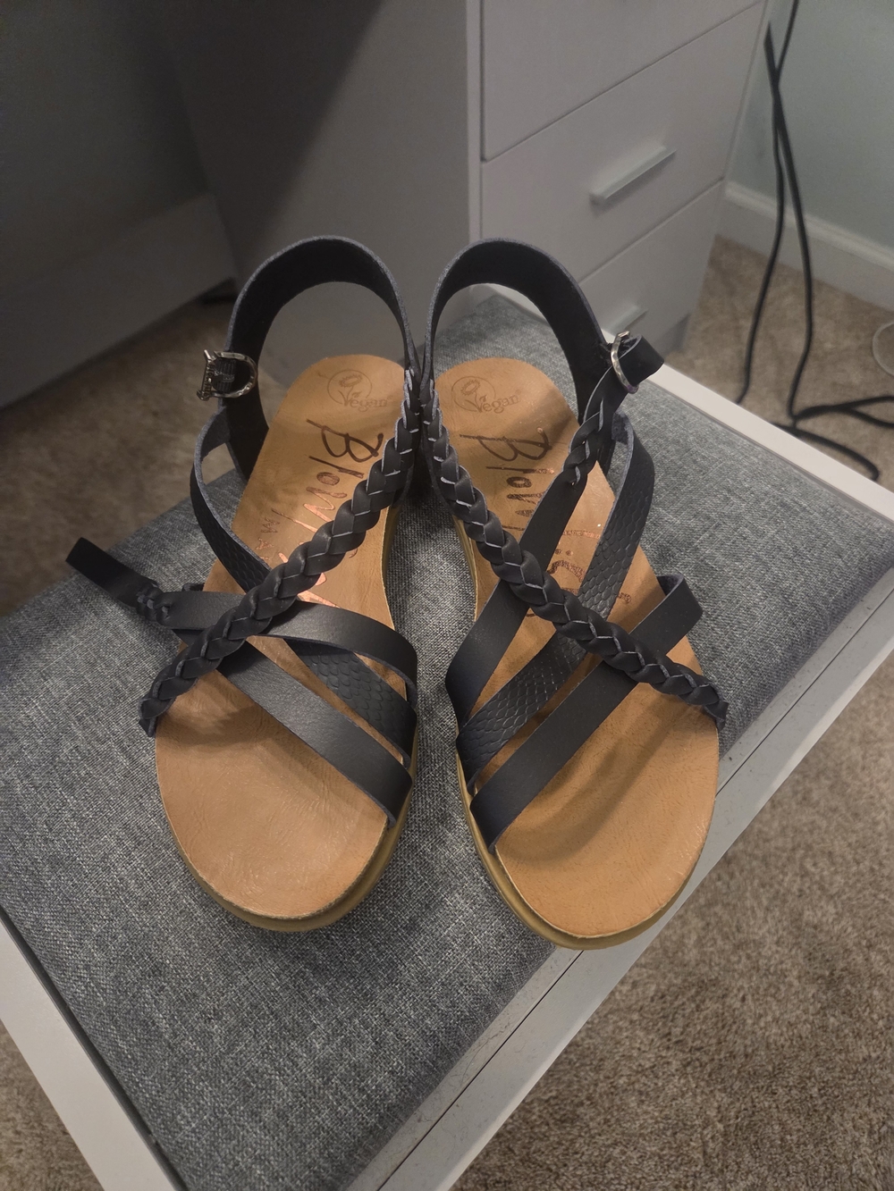Women's Black Strappy Braided Sandals with Cushioned Footbed